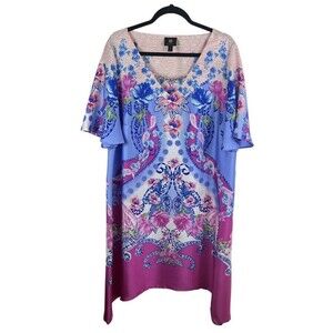 JM Collection Womens Printed Swing Dress Pink‎  And Blue Size XL